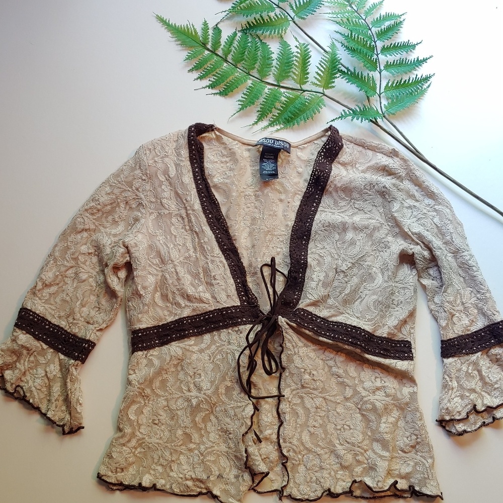 Romantic lace front tie blouse by Bisou Bisou